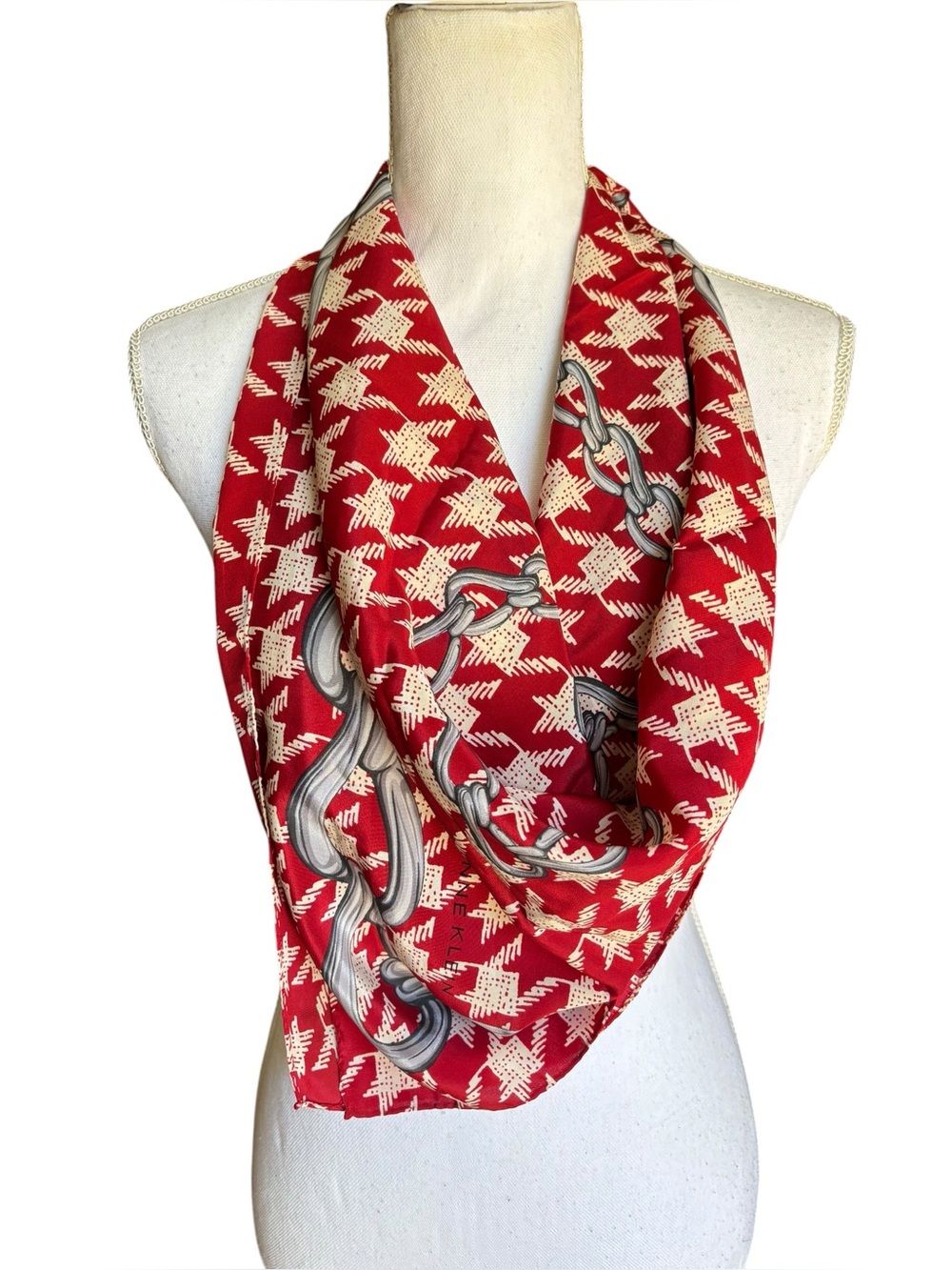 Anne Klein Vintage Silk Scarf Red Houndstooth Chain Link Made in Italy